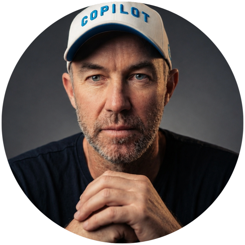 Daniel Anderson wearing a Copilot cap